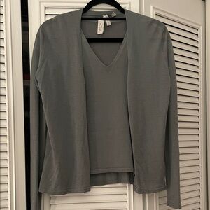 Anne Klein Gray V-Neck Blouse and Cardigan Set